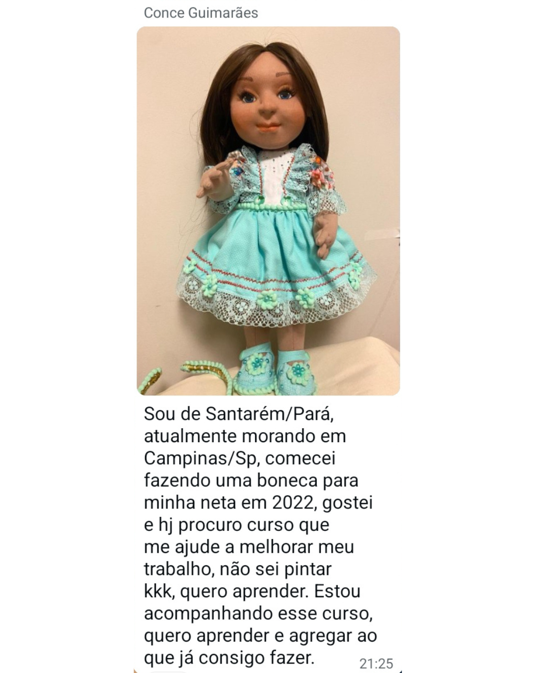 Depoimento de aluna com boneca finalizada
